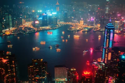 Aerial View Of Hong Kong Skyline At Night
