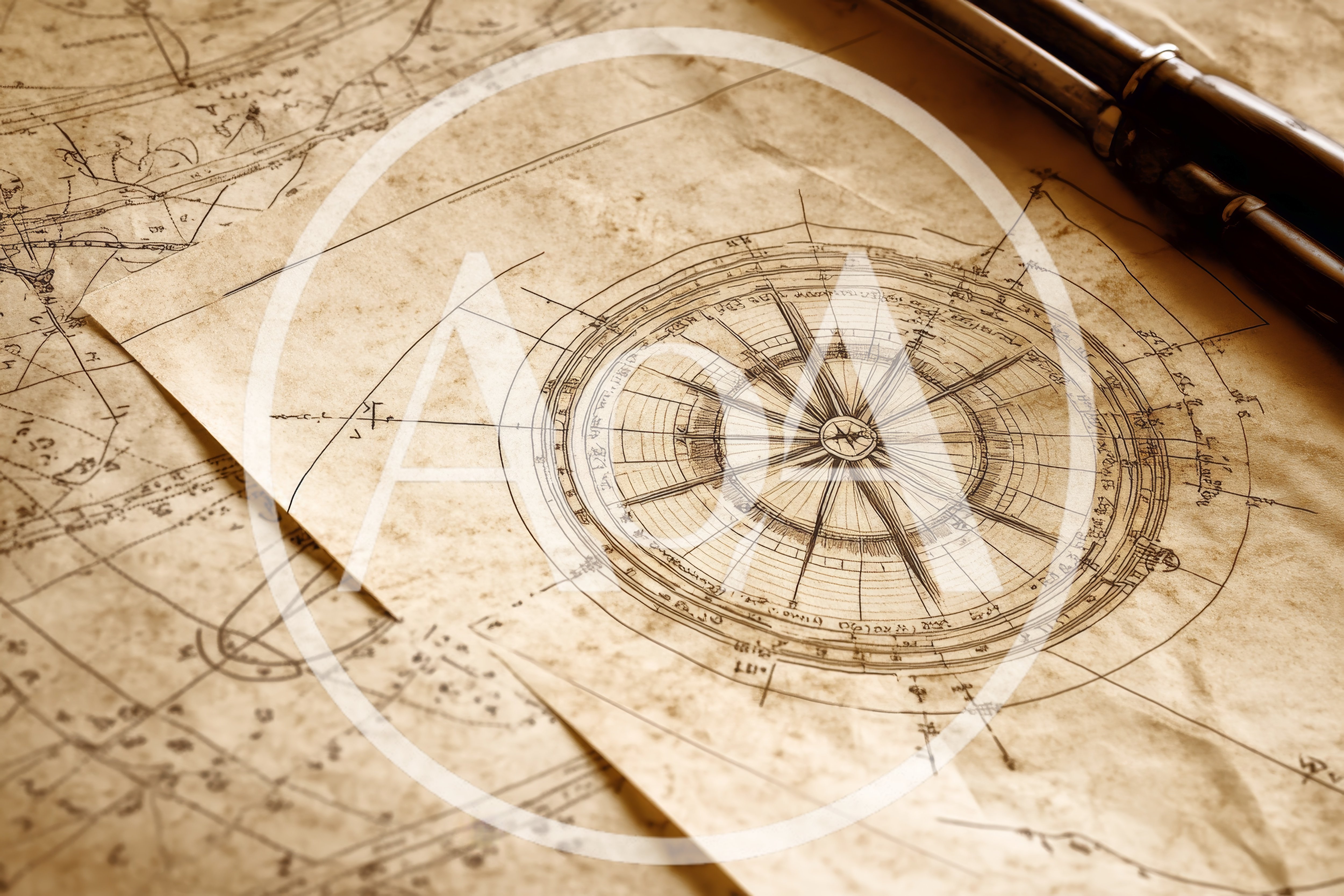 Vintage Nautical Compass Drawing On Aged Parchment Paper