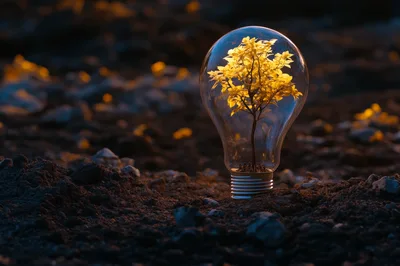 Glowing Golden Tree Inside A Glass Light Bulb