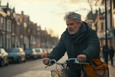 Middle Aged Man Riding Bicycle Through City Street