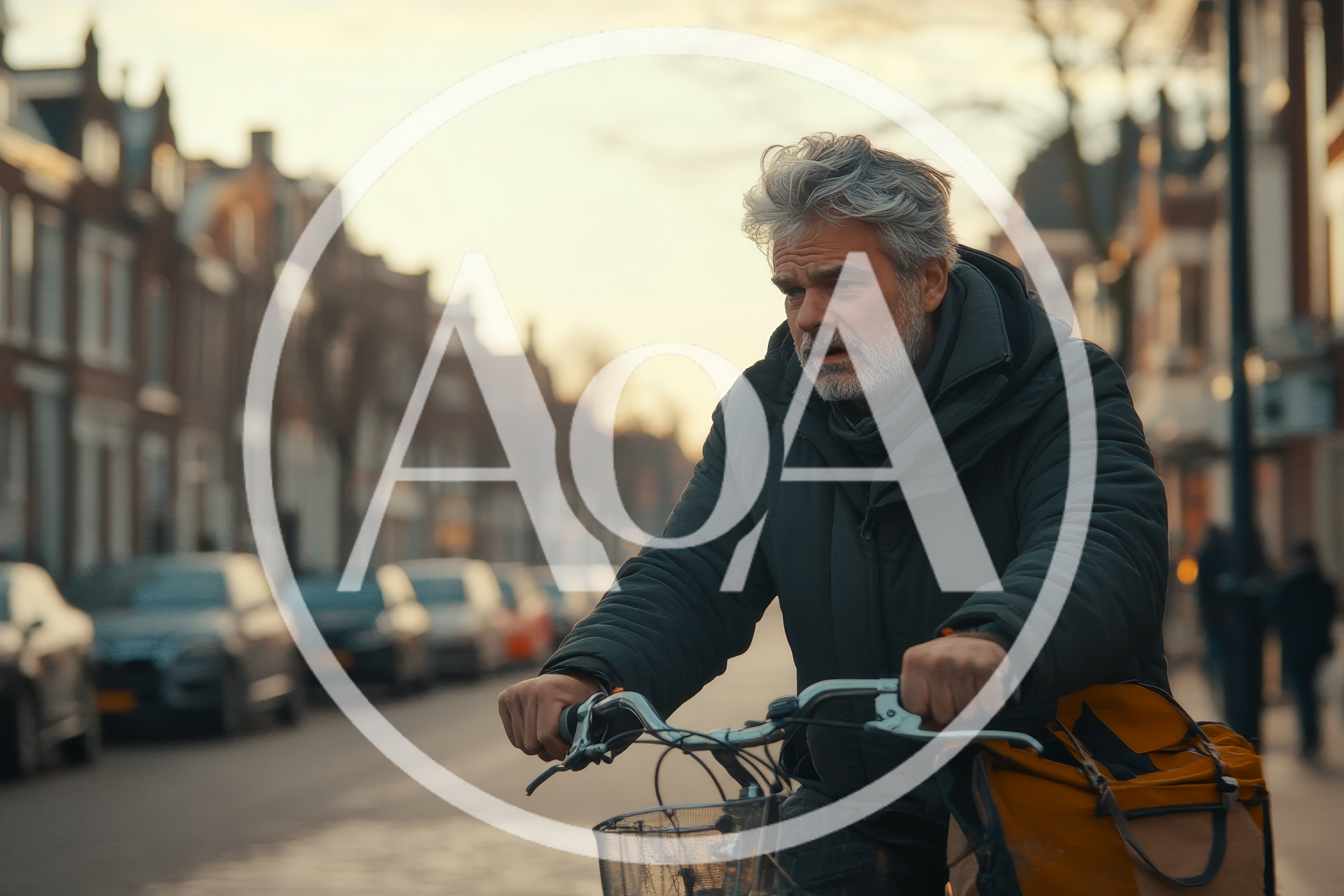 Middle Aged Man Riding Bicycle Through City Street
