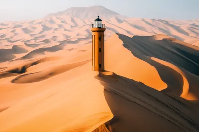 Lighthouse Standing Alone In Vast Desert Sand Dunes