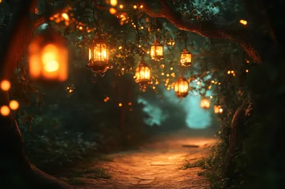 Enchanted Forest Path With Glowing Hanging Lanterns