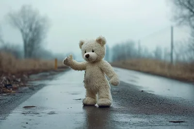 Lonely Teddy Bear Hitchhiking on a Rainy Road