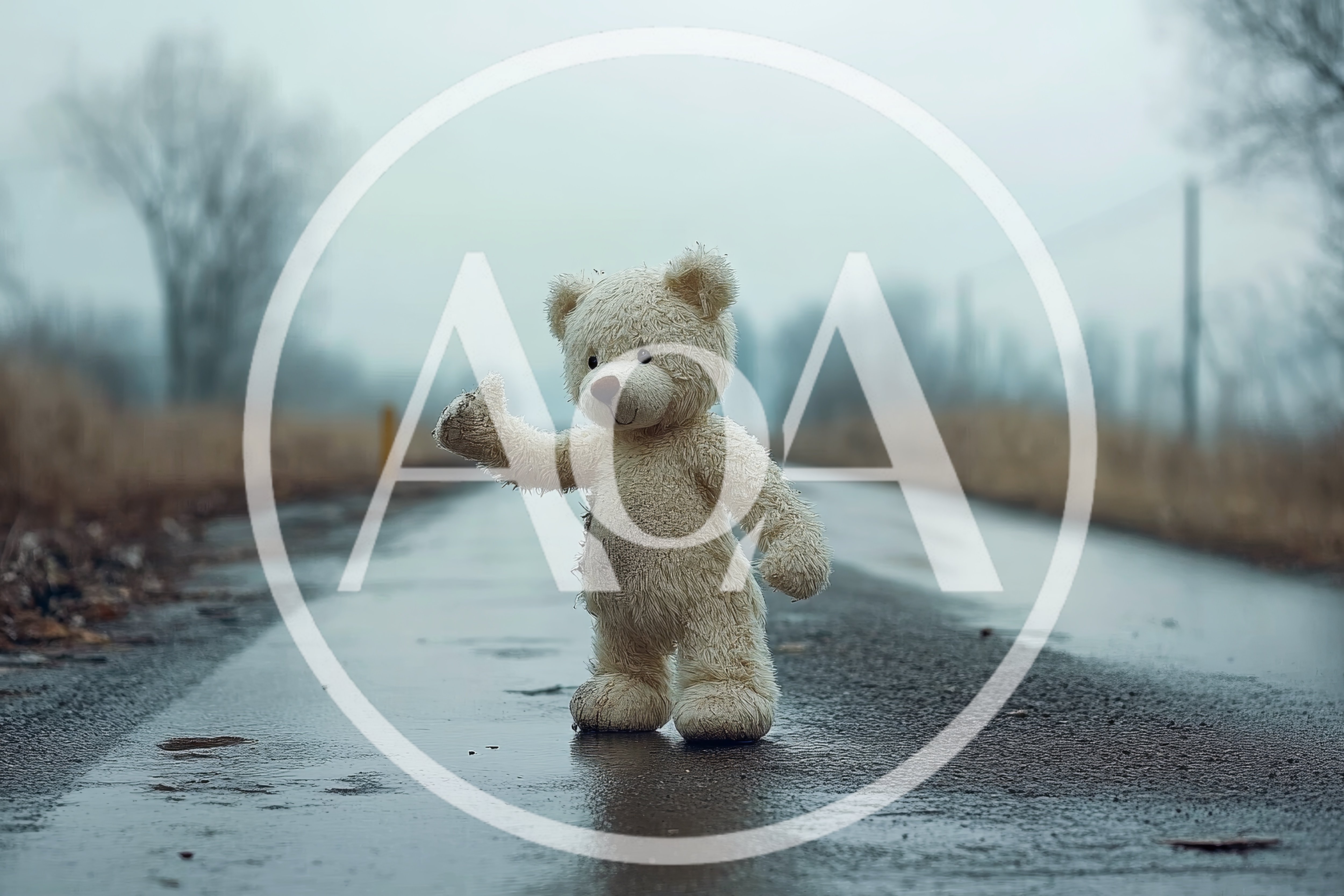 Lonely Teddy Bear Hitchhiking on a Rainy Road