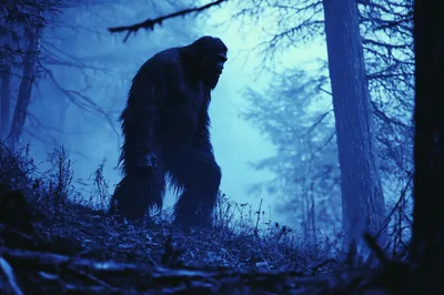 Bigfoot Walking Through A Misty Blue Forest