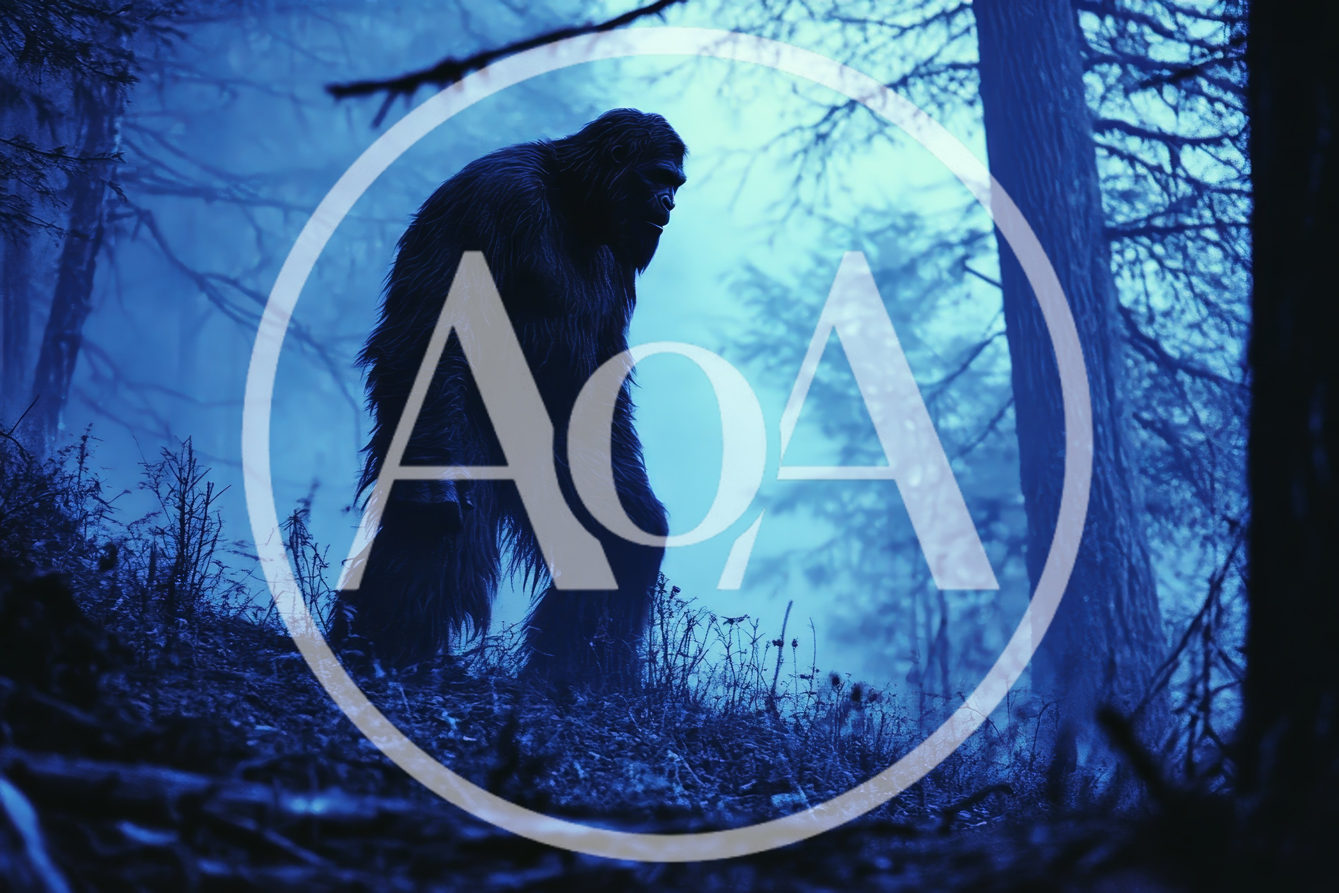 Bigfoot Walking Through A Misty Blue Forest