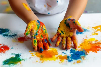 Child Hands Covered In Colorful Finger Paint