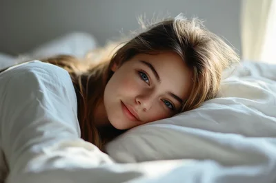 Young Woman Resting Comfortably On A White Bed