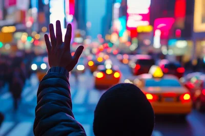 Person Hailing A Yellow Taxi In Times Square