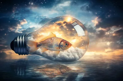 Goldfish Swimming Inside A Lightbulb Over Water