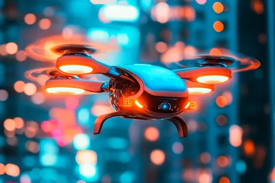Futuristic Drone Flying Over A Blurred Cityscape