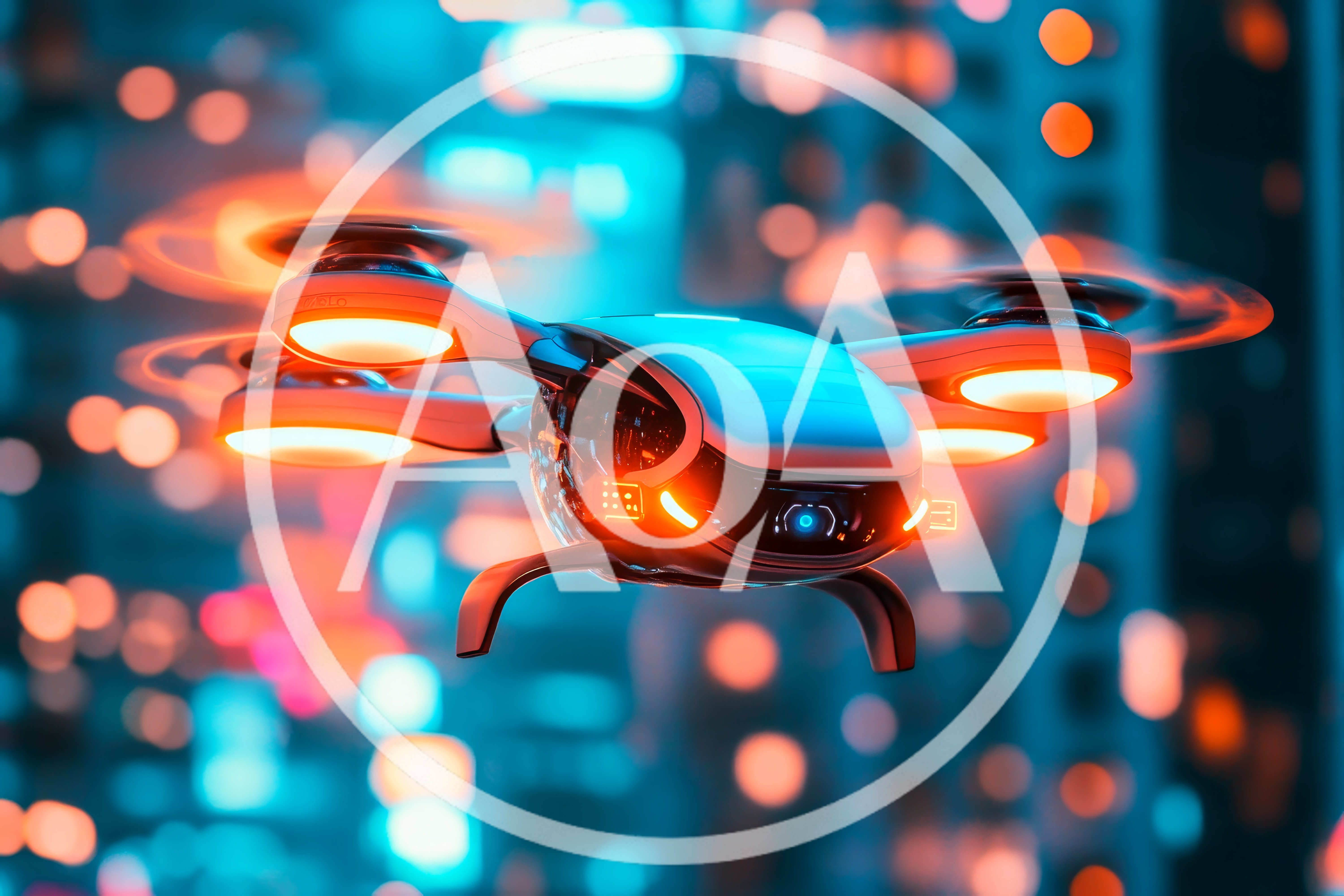 Futuristic Drone Flying Over A Blurred Cityscape