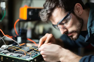 Technician Repairing Electronic Circuit Board In Workshop