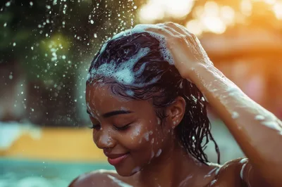 Young Woman Washing Hair With Shampoo In Outdoor Shower