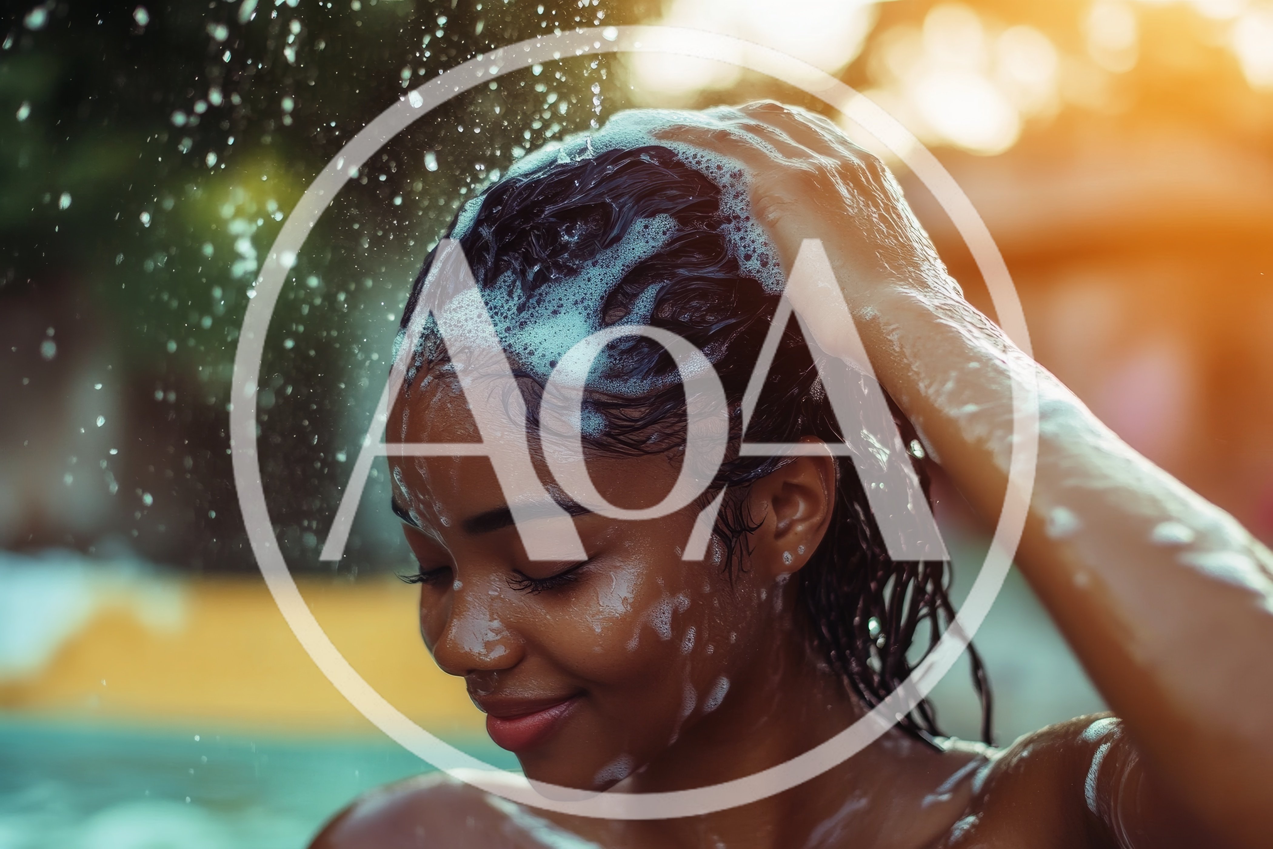Young Woman Washing Hair With Shampoo In Outdoor Shower