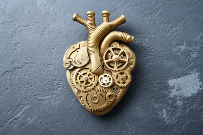 Steampunk Mechanical Heart Sculpture on Textured Background