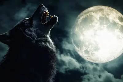 Wolf Howling At A Full Moon In The Night Sky