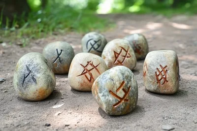 Set Of Carved Rune Stones On A Forest Path