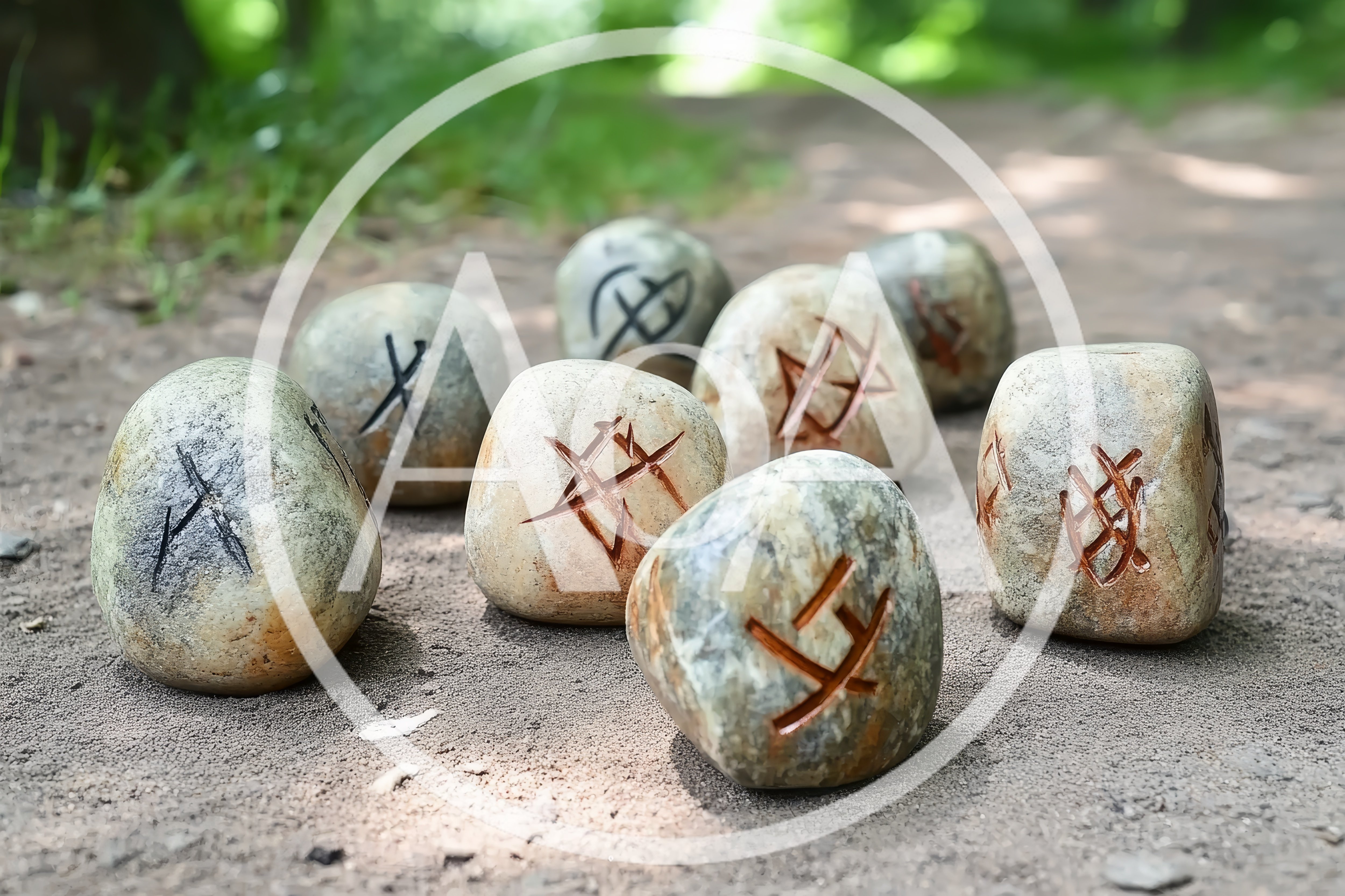 Set Of Carved Rune Stones On A Forest Path