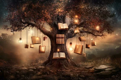 Magical Tree With Floating Books And Glowing Lanterns