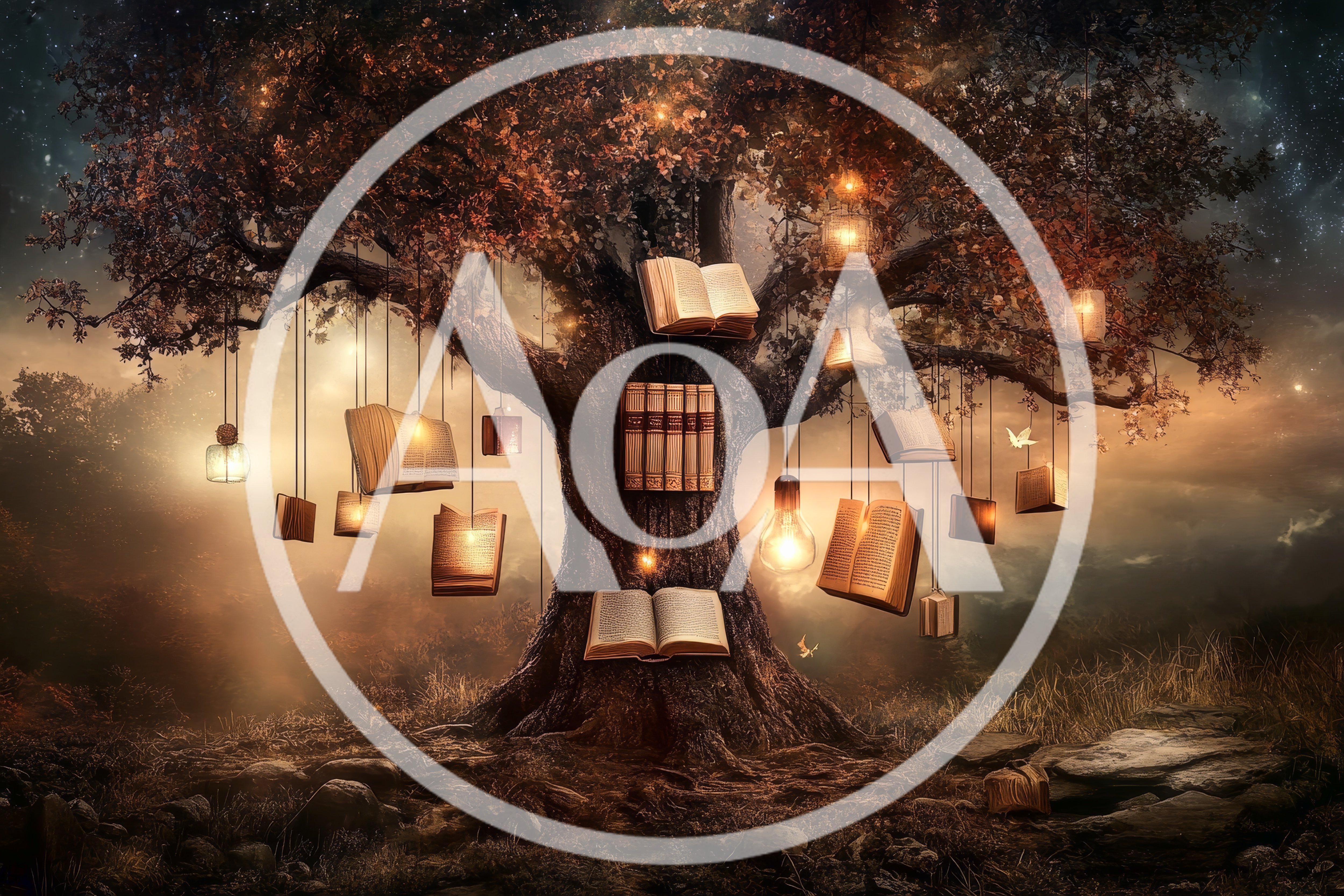 Magical Tree With Floating Books And Glowing Lanterns