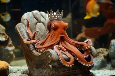 Majestic Octopus Wearing A Crown On A Throne
