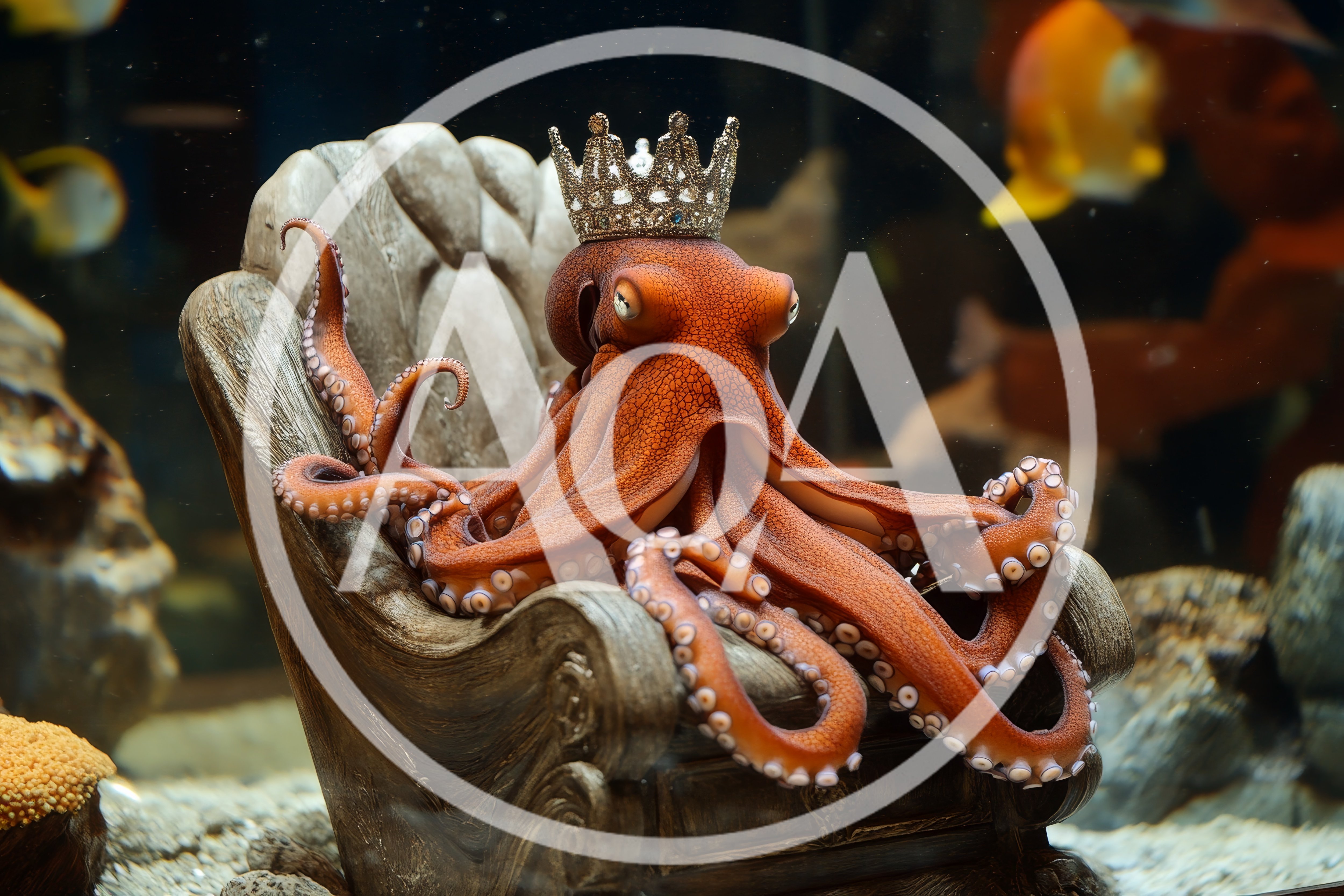 Majestic Octopus Wearing A Crown On A Throne