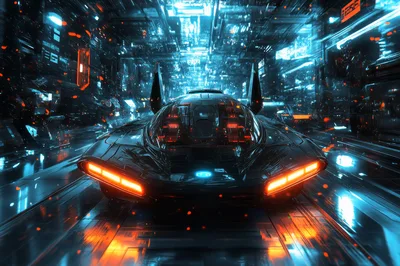 Futuristic Cyberpunk Vehicle Driving Through Neon City Tunnel