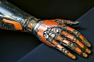 Detailed Robotic Arm With Orange And Metallic Plating