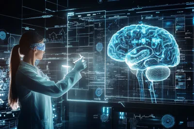 Scientist Analyzing Holographic Brain Model In Futuristic Laboratory