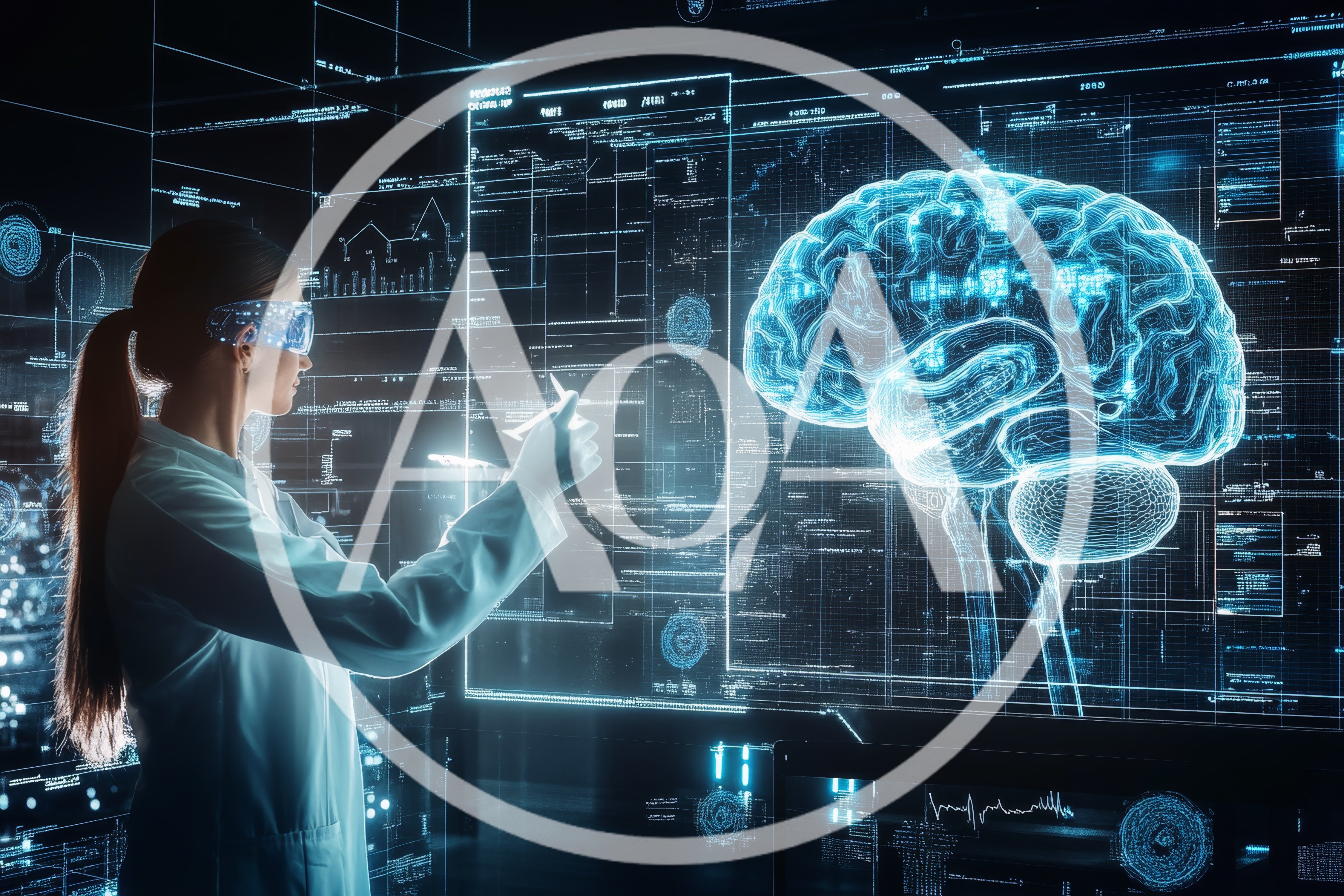 Scientist Analyzing Holographic Brain Model In Futuristic Laboratory