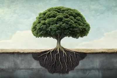 Conceptual Tree With Exposed Roots In Concrete Ground