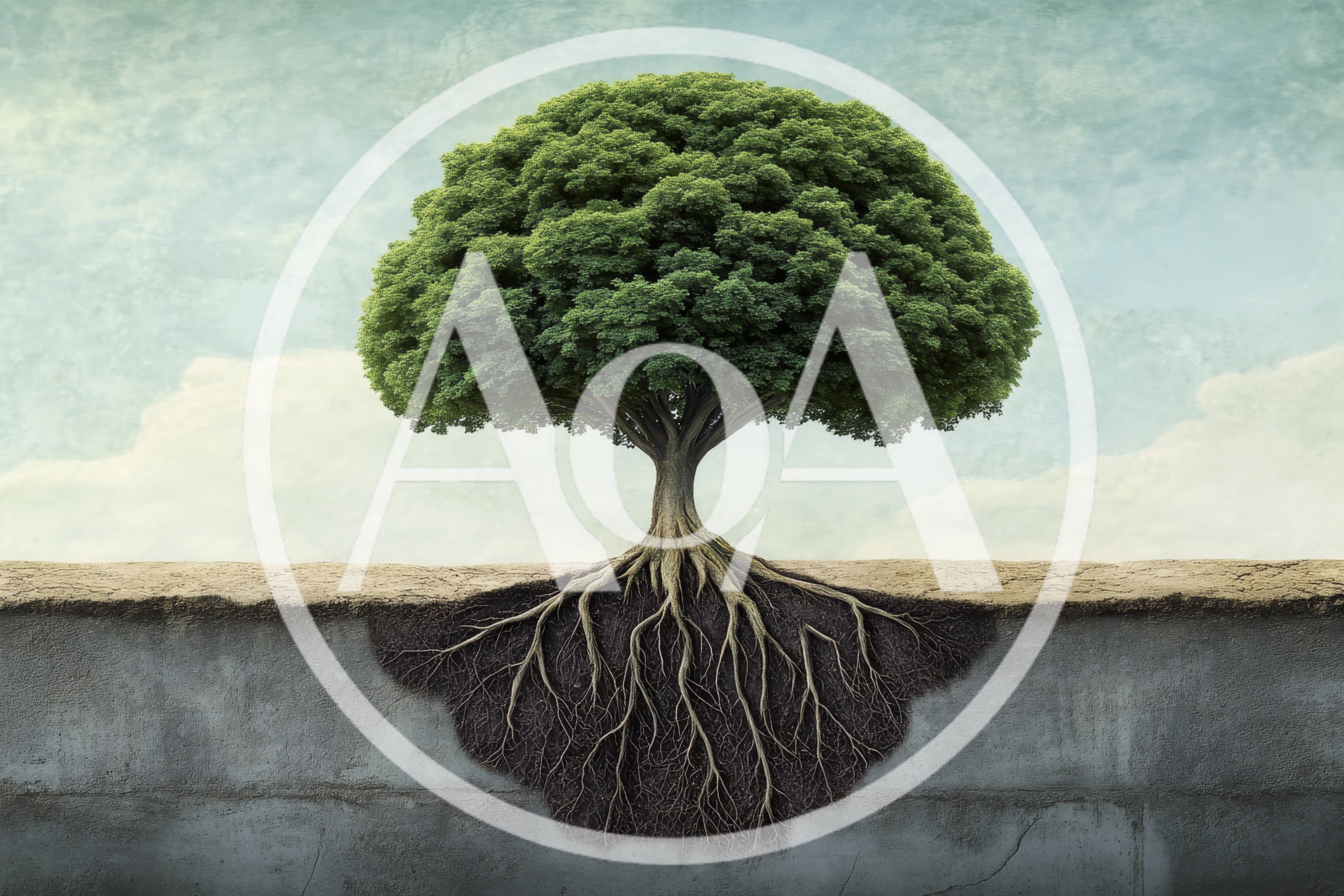 Conceptual Tree With Exposed Roots In Concrete Ground