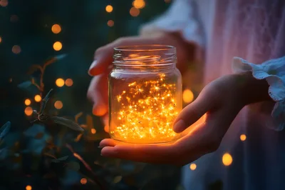 Person Holding A Glowing Glass Jar Of Fairy Lights