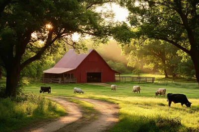 Cows Grazing Near A Red Barn At Sunset