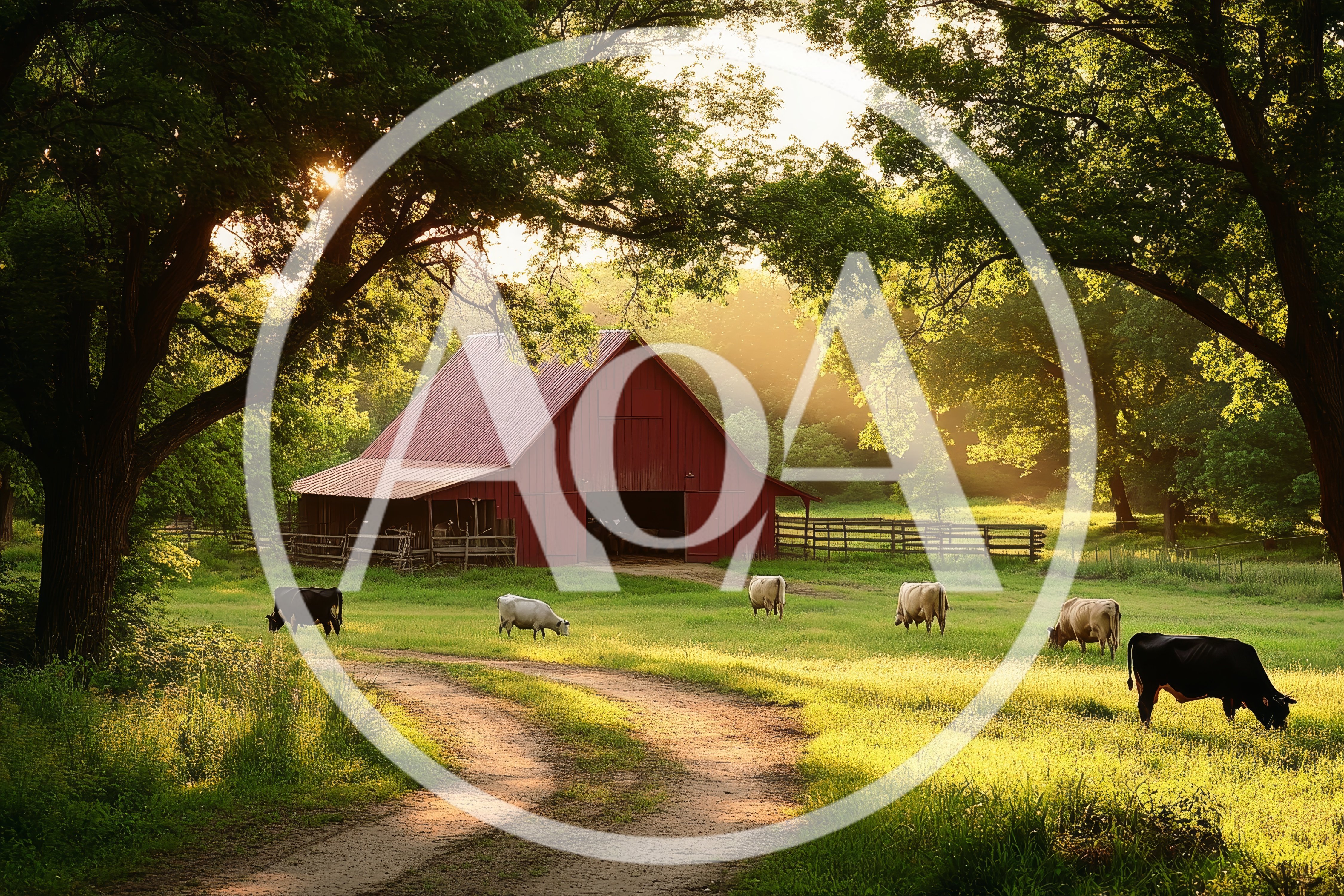 Cows Grazing Near A Red Barn At Sunset
