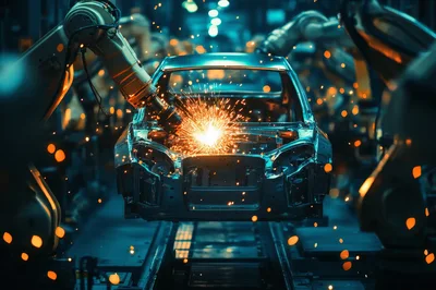 Robotic Arms Welding Car Chassis In Automotive Factory