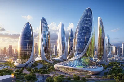 Futuristic Cityscape With Organic Architectural Skyscrapers