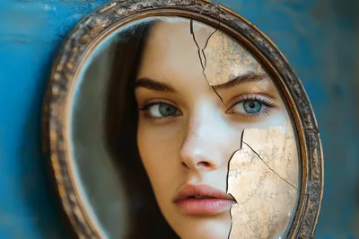 Young Woman Looking Through A Cracked Antique Mirror