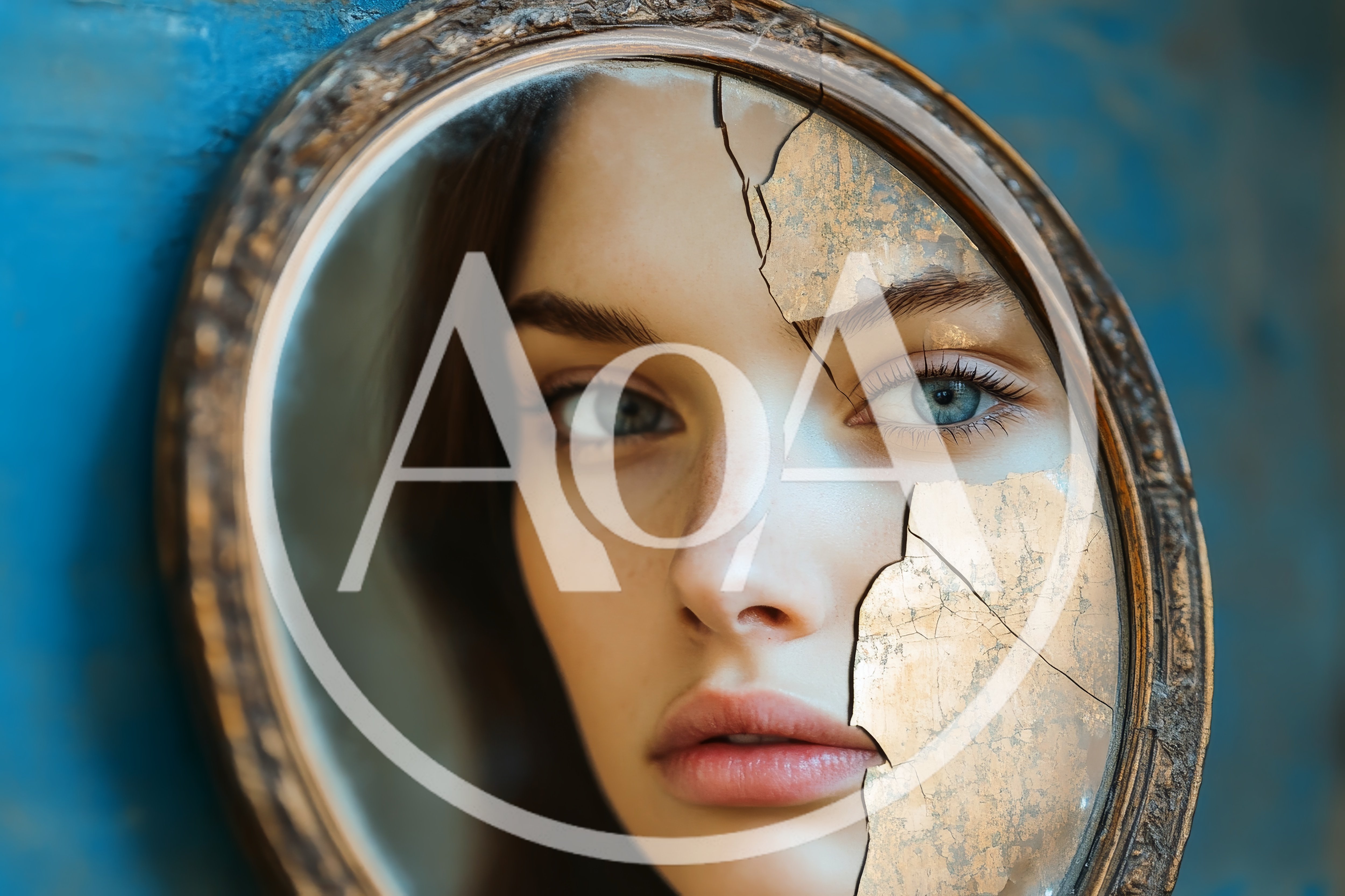 Young Woman Looking Through A Cracked Antique Mirror