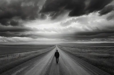 Lone Man Walking Down A Remote Dirt Road