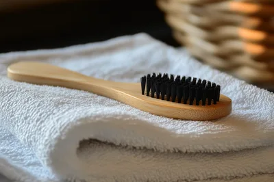 Wooden Beard Brush Resting On A White Towel