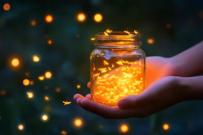 Hands Holding A Glass Jar Filled With Glowing Fireflies