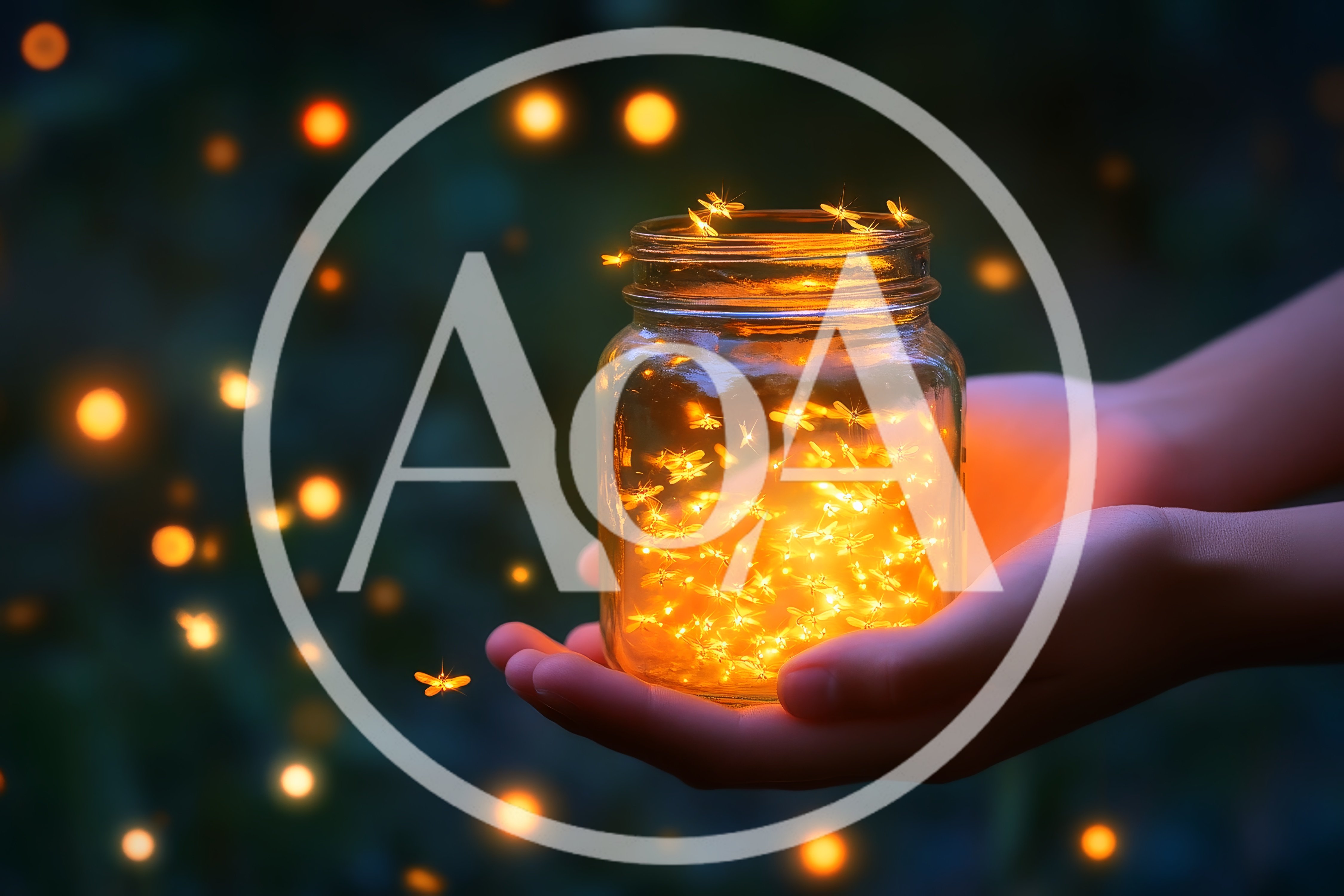 Hands Holding A Glass Jar Filled With Glowing Fireflies