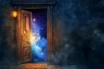 Open Doorway Revealing A Glowing Cosmic Galaxy