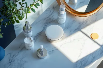 Skincare Products Arranged on a Marble Vanity