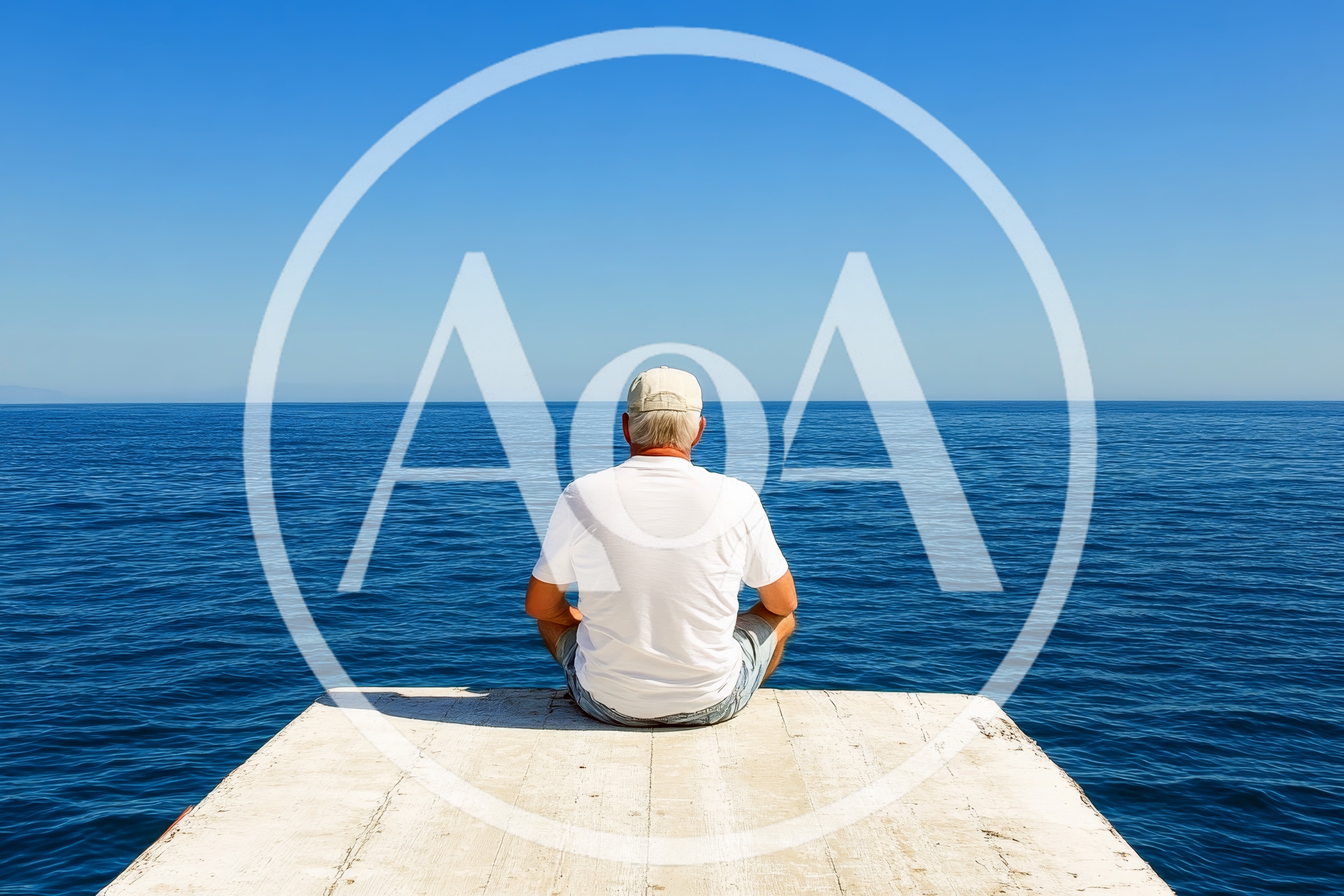 Senior Man Sitting On A Pier Overlooking The Ocean