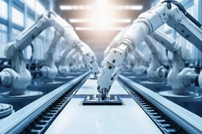 Automated Robotic Arms Assembling Components On Factory Conveyor Belt