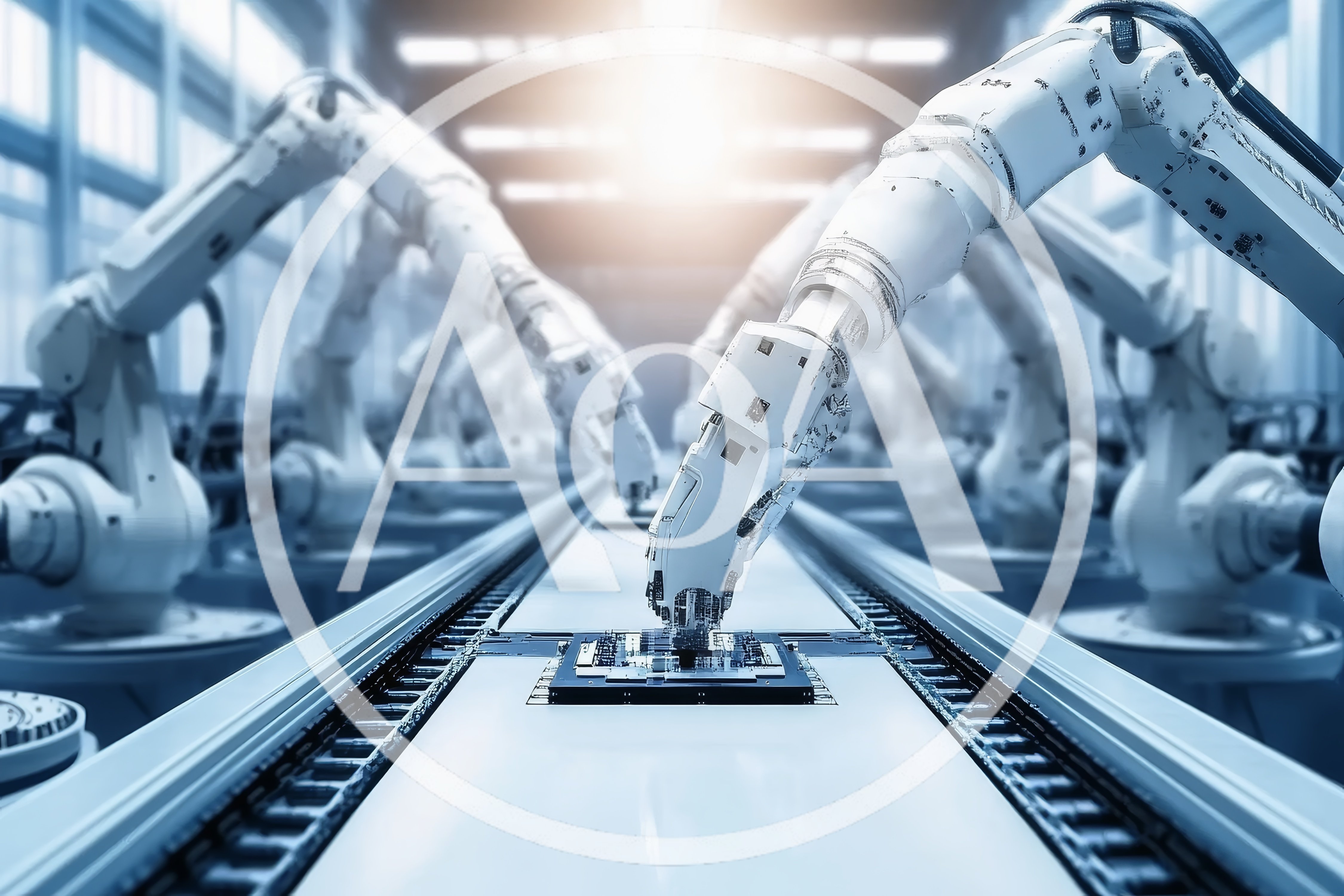 Automated Robotic Arms Assembling Components On Factory Conveyor Belt